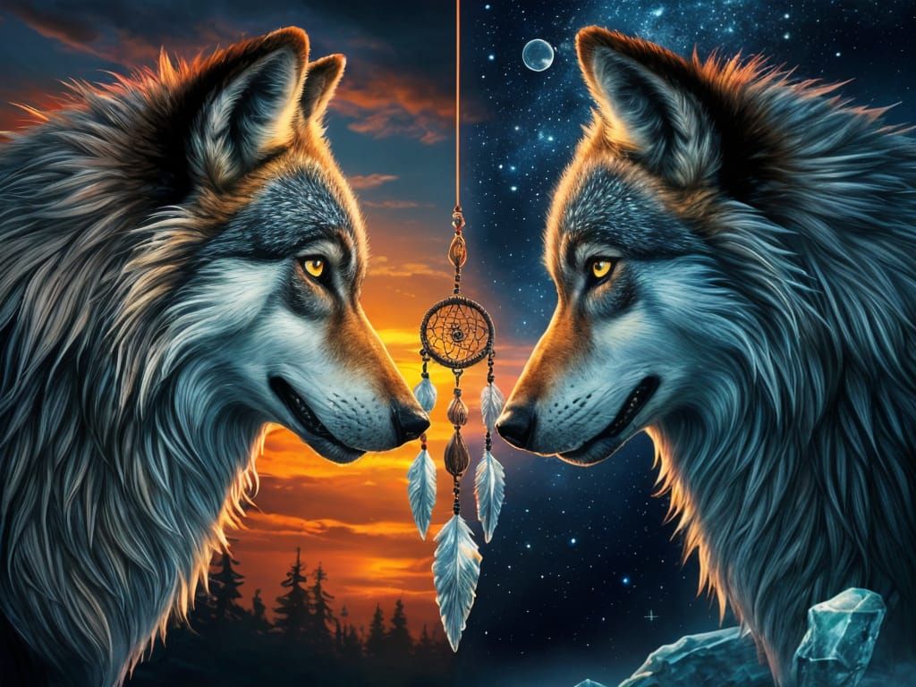 Wolves Staring on Split Sky Background