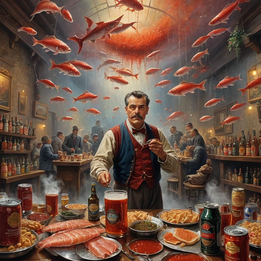 A beer-drinking canned fish dressed in a garment of thick re...