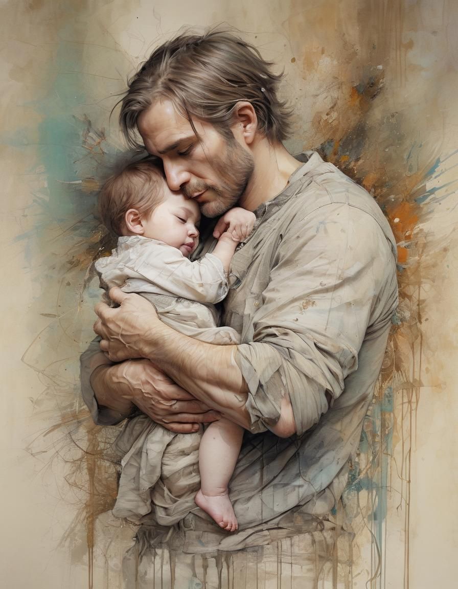Affectionate Father and Child in Pre-Raphaelite Style
