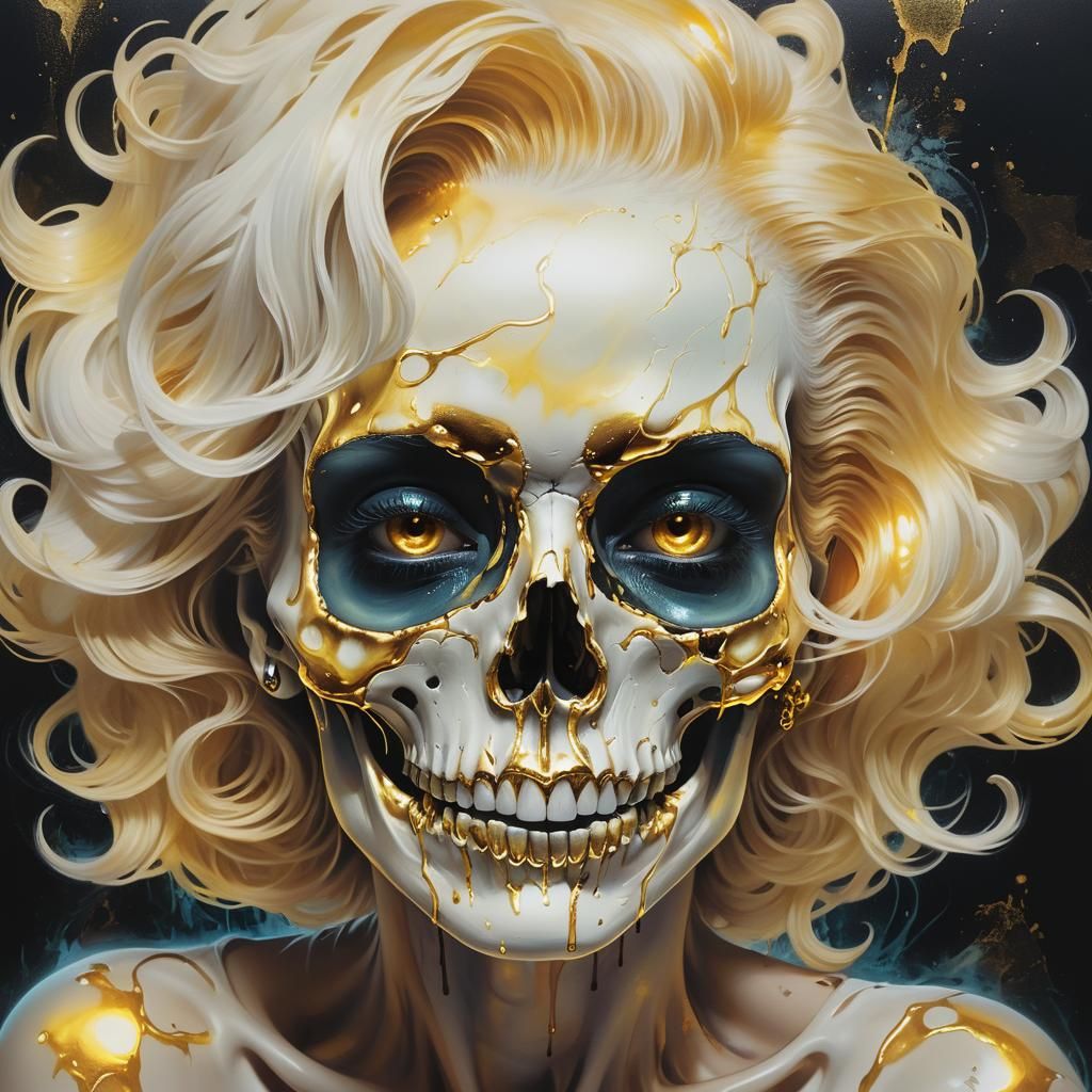 Golden Glowing Skull Face in Hyperrealistic Pop Art