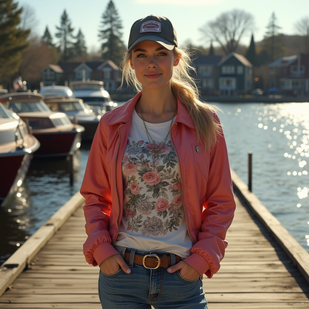 Hyperrealistic Photo of Woman on Boardwalk with Ships