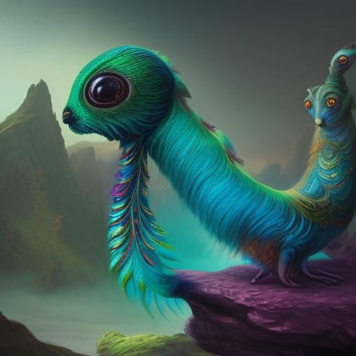 Fantastical Alien Ferret Humanoid Peacock: Detailed Matte Pa...