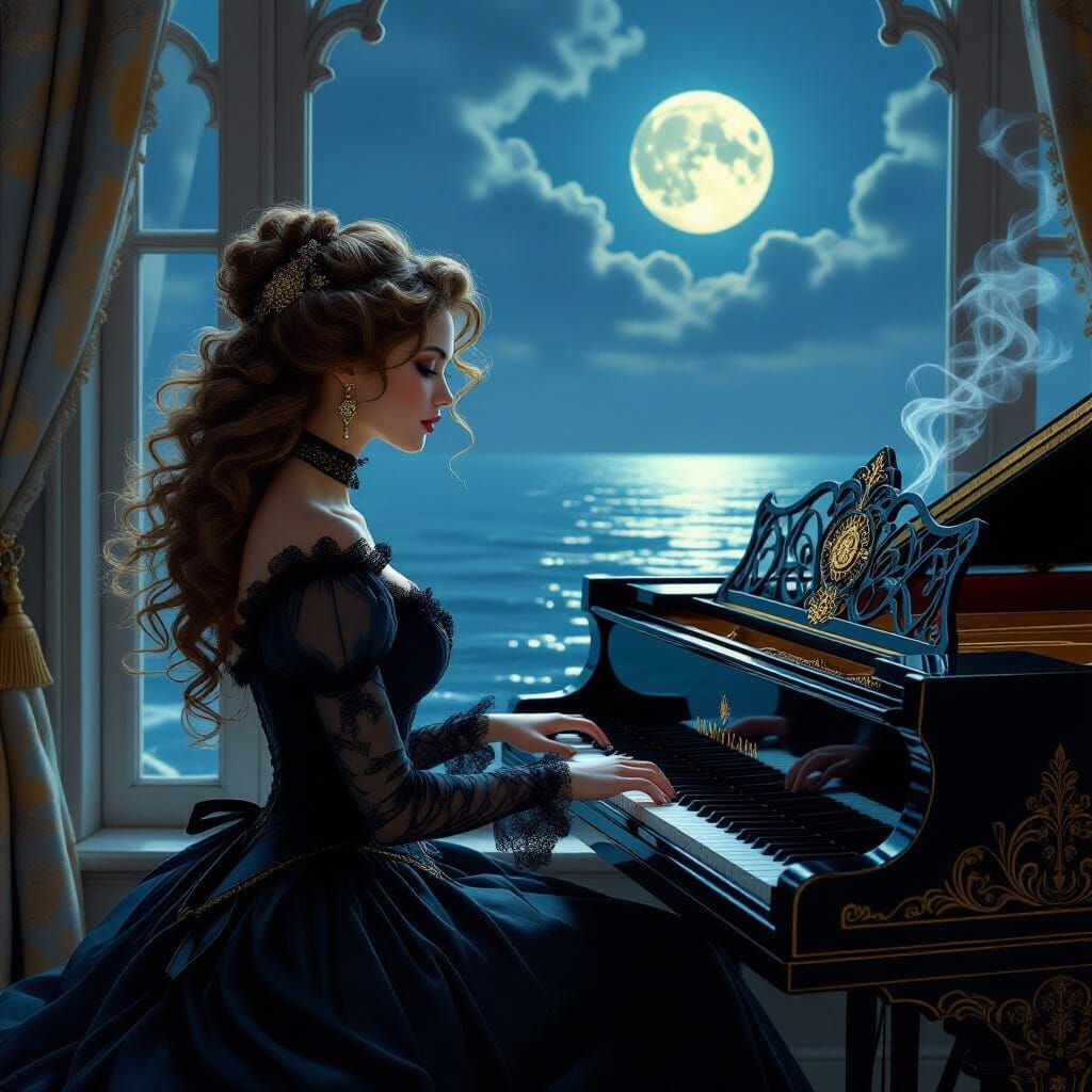 Steampunk Woman at Window Overlooking Moonlit Sea