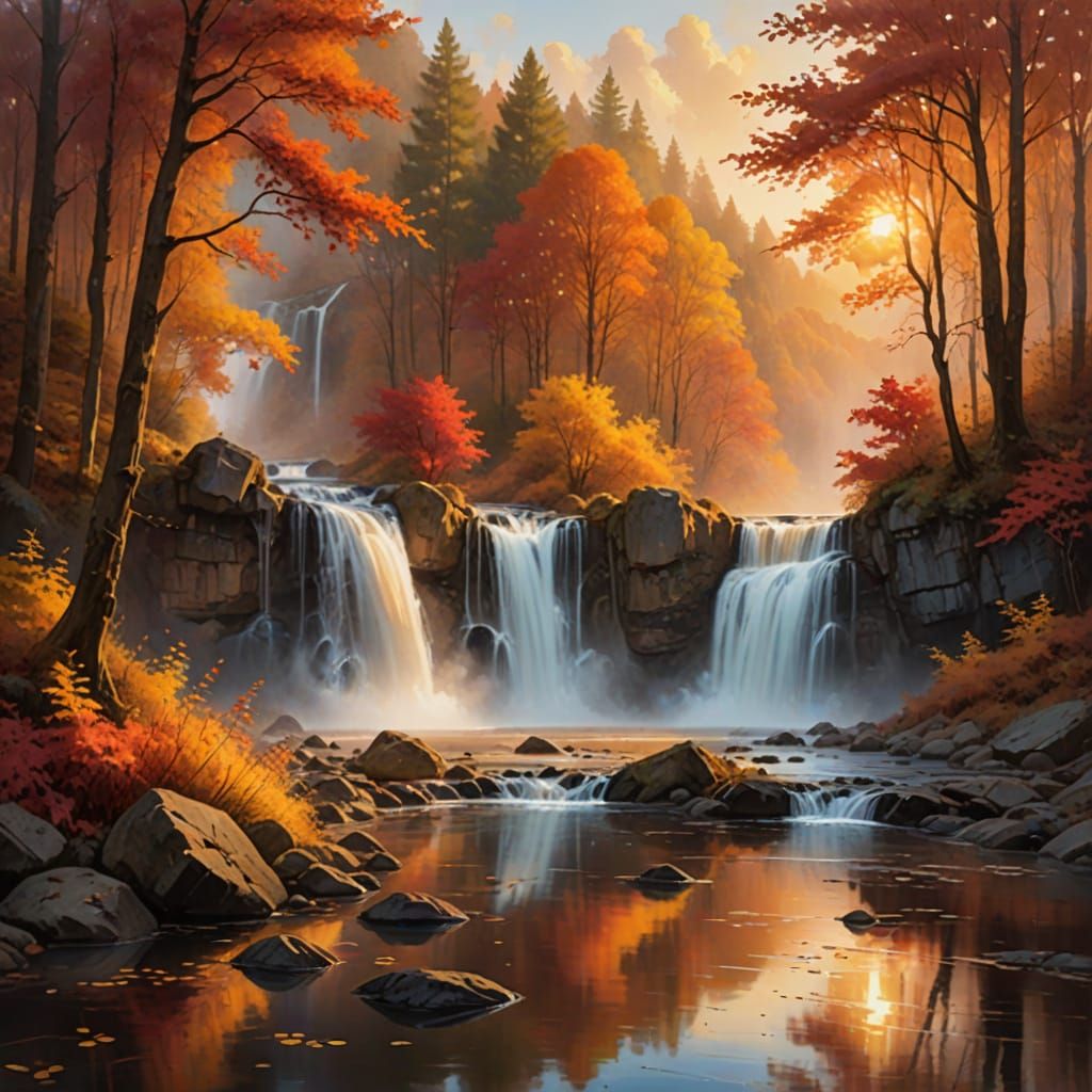 Dreamy Autumn Waterfall Sunrise in Soft Painterly Style