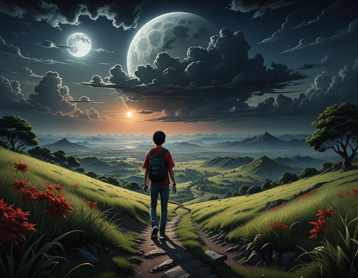 Boy Approaches Camera on Hill with Tiger Hologram in Dark Fa...