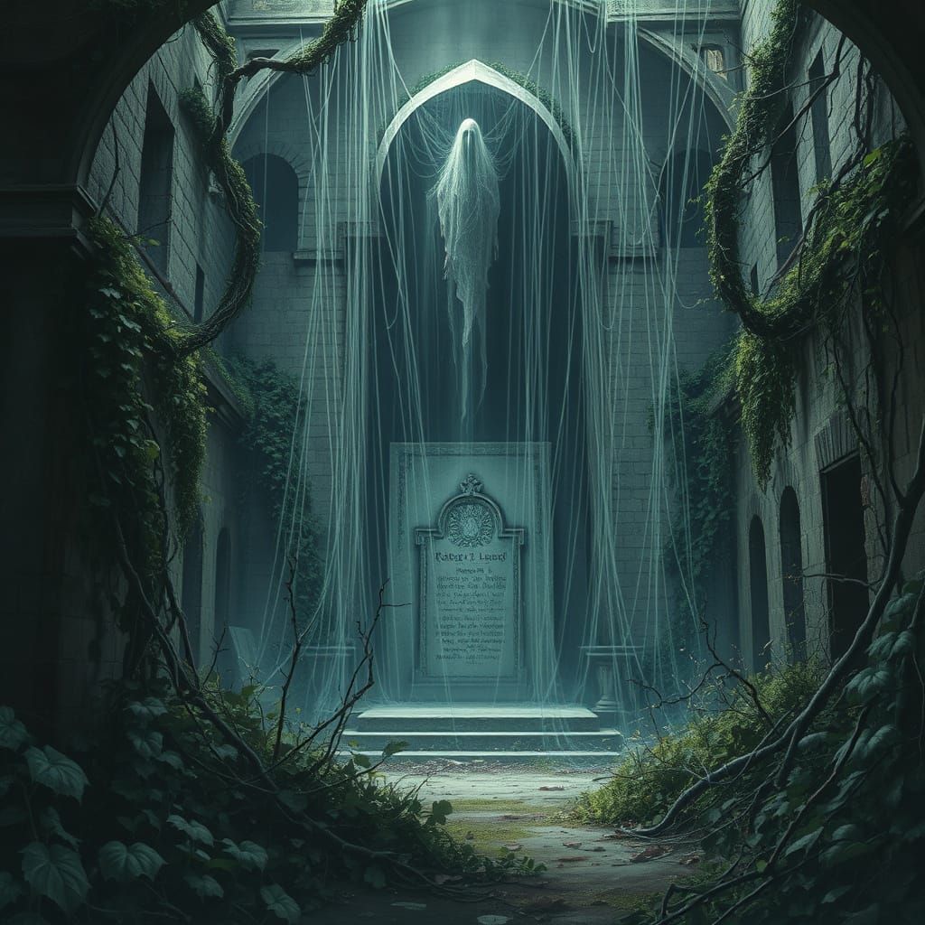 Ominous Ghostly Tomb in Overgrown Garden