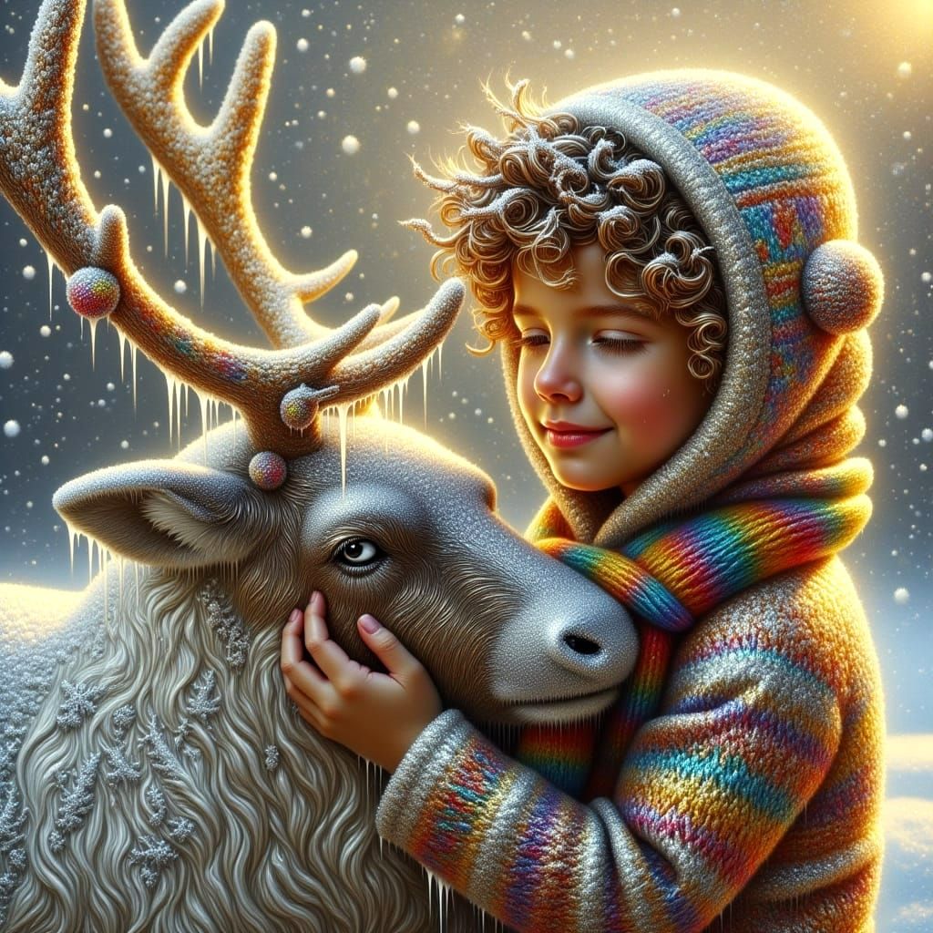 Boy with Curly Hair in Winter Wonderland, Patting a Majestic...