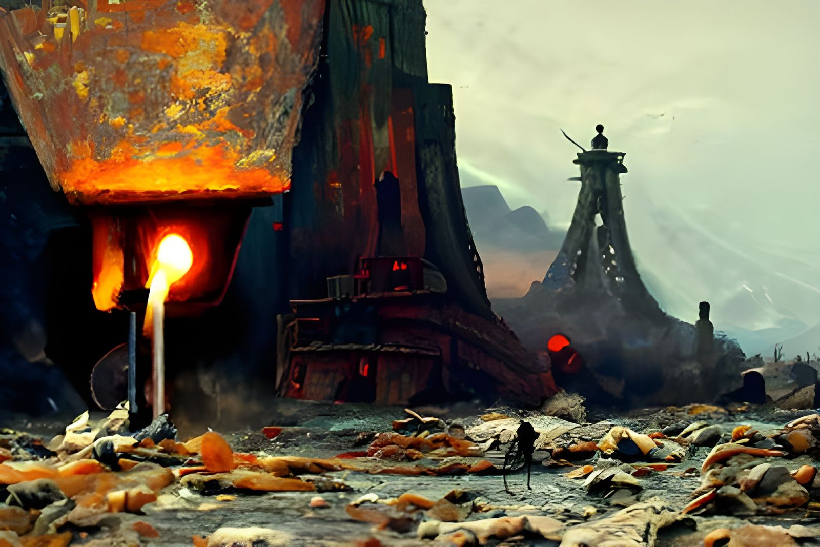 Steampunk Blacksmith Forging Sword in Lava