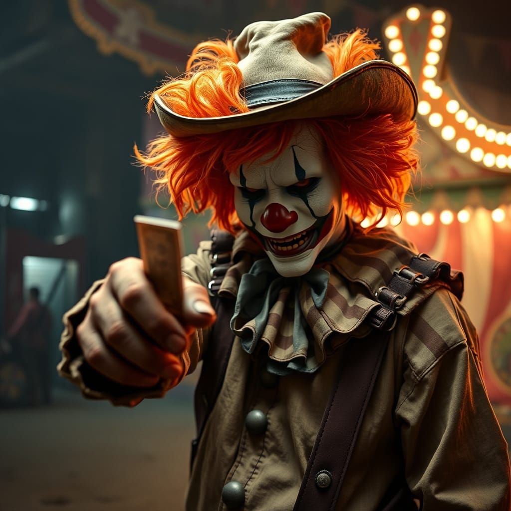 Menacing Cowboy Clown in Dark Carnival Scene