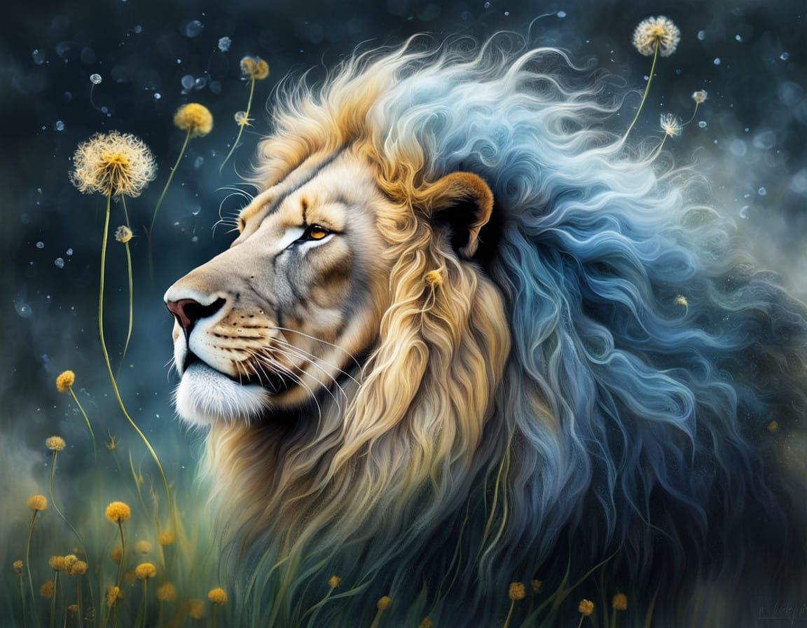 Surreal Lion in Whimsical Floral Splendor