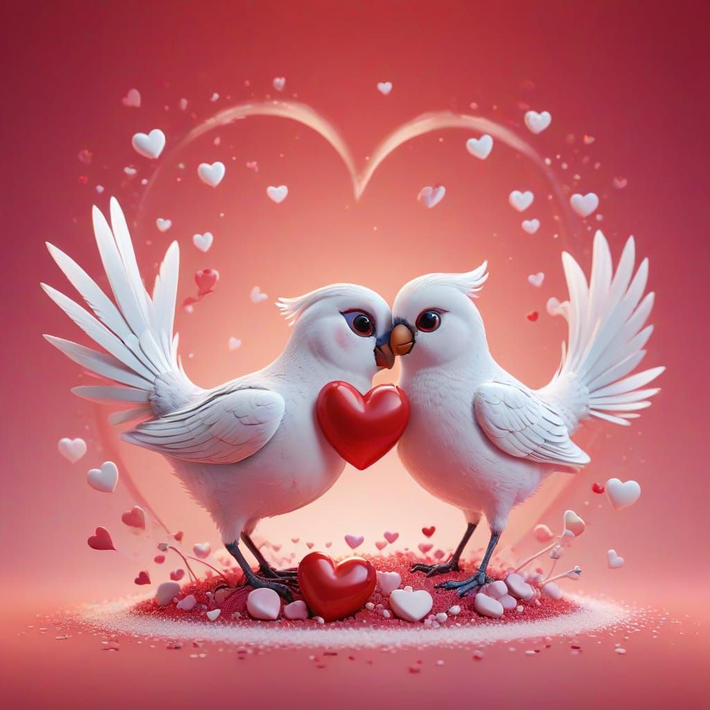 Whimsical Birds in Love Amidst a Vibrant, Radial Background