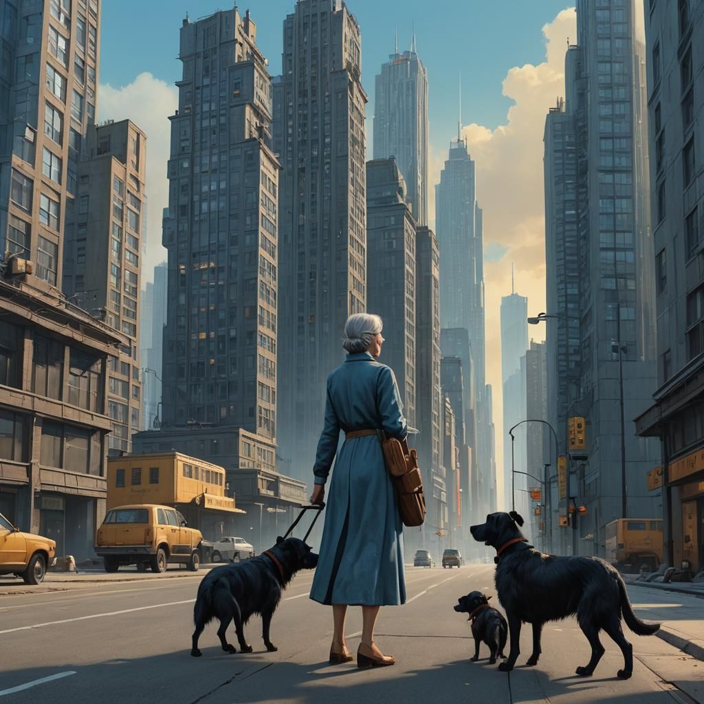 Woman and Dog in Cityscape, Fantasy Concept Art