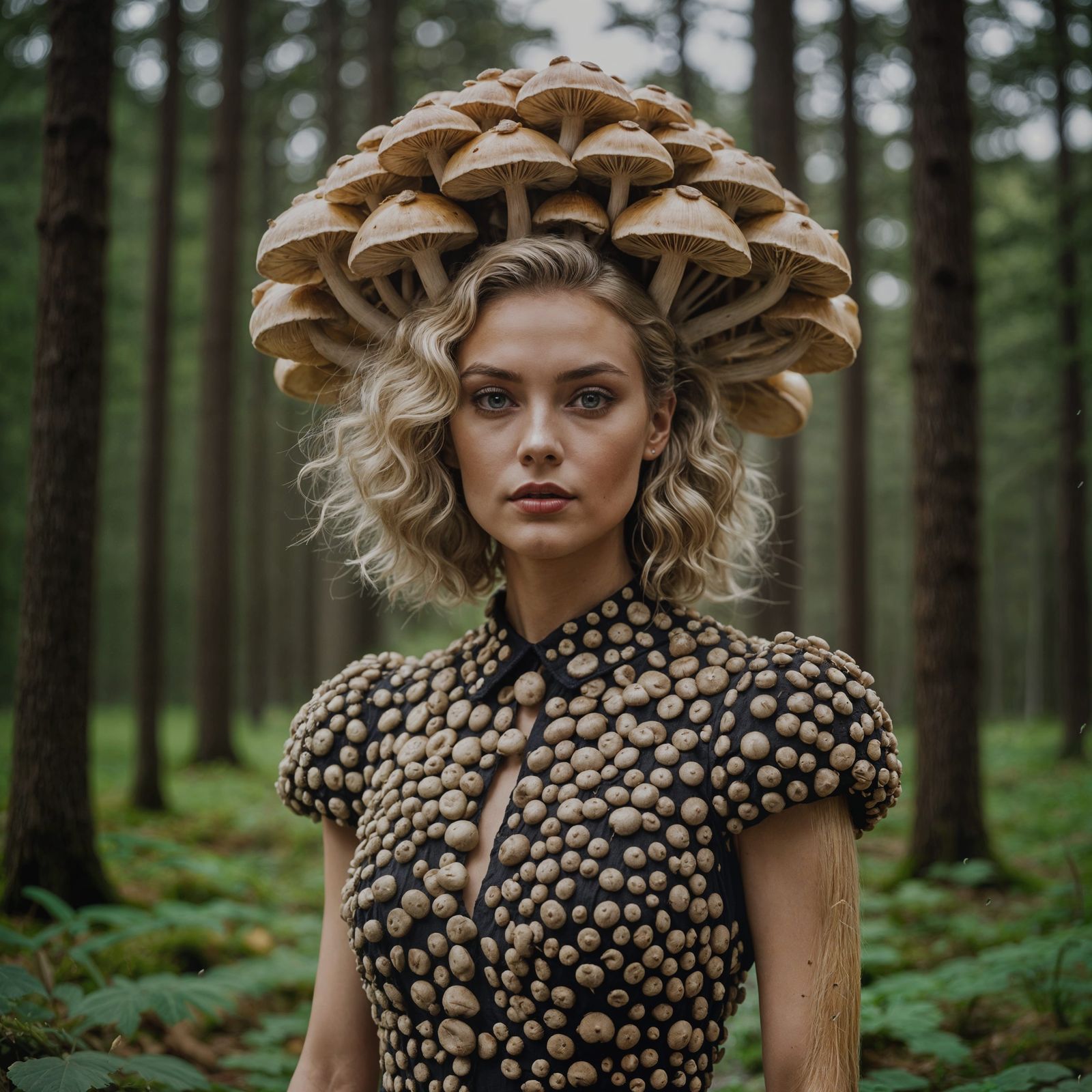 Mushroom Dress and Hairpin on Blond Woman