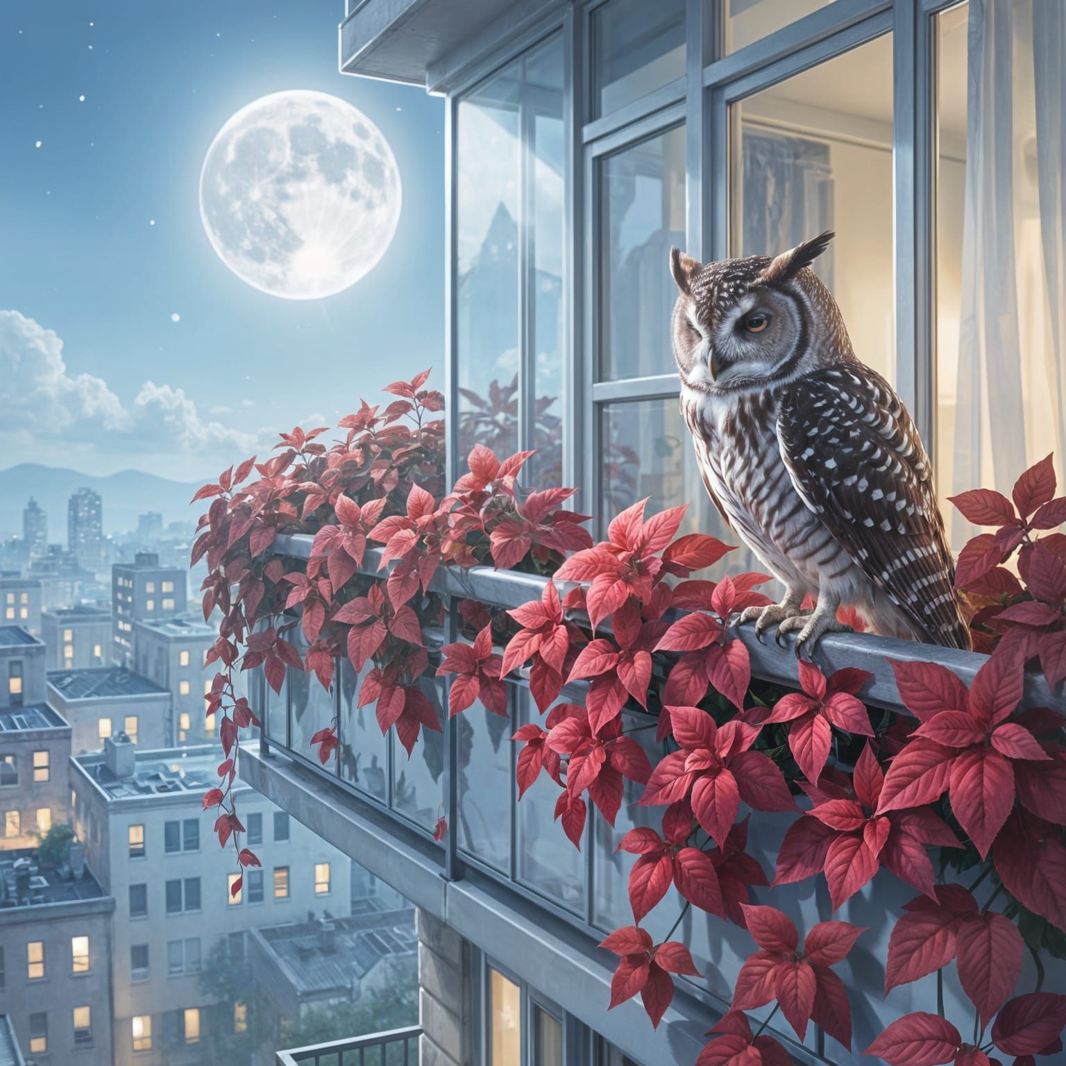 Barred Owl Lands Among Red Coleus Plants at Moonrise