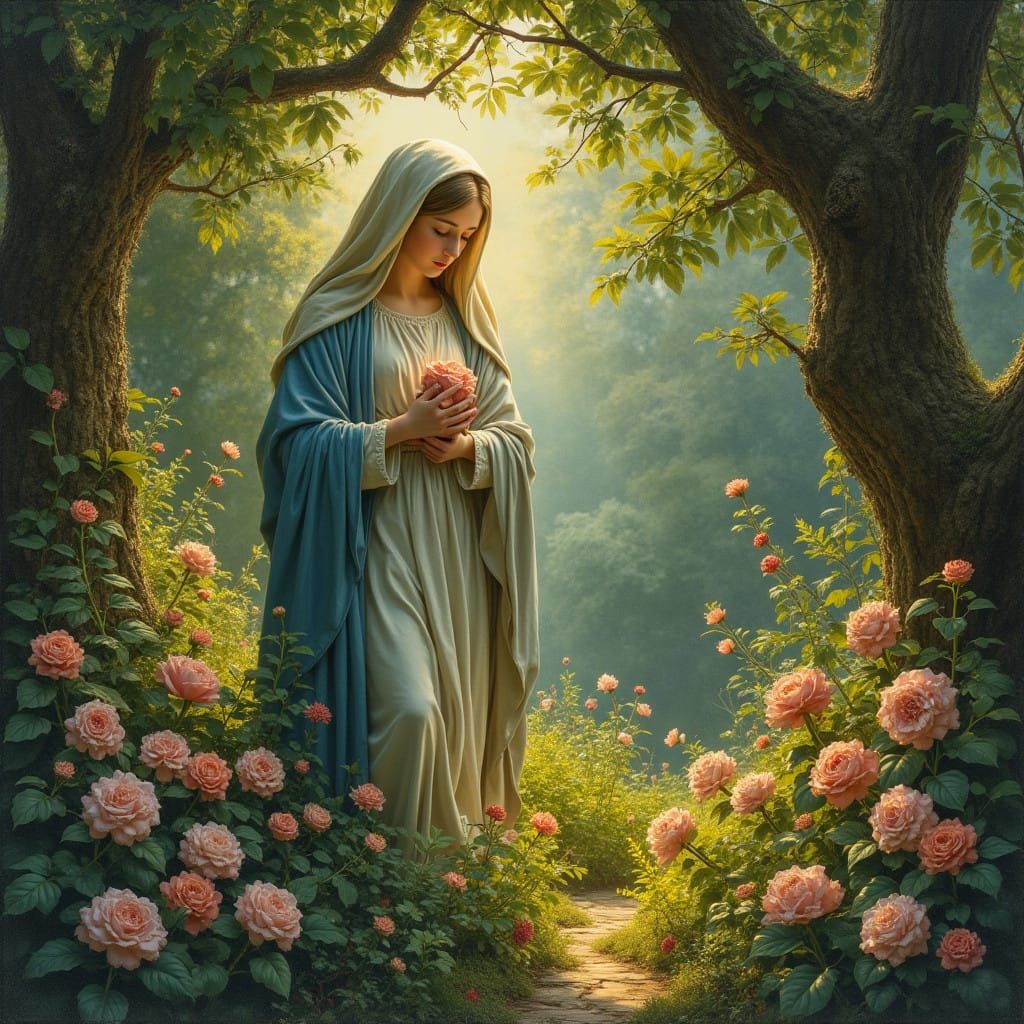 Virgin Mary in Pre-Raphaelite Garden Paradise