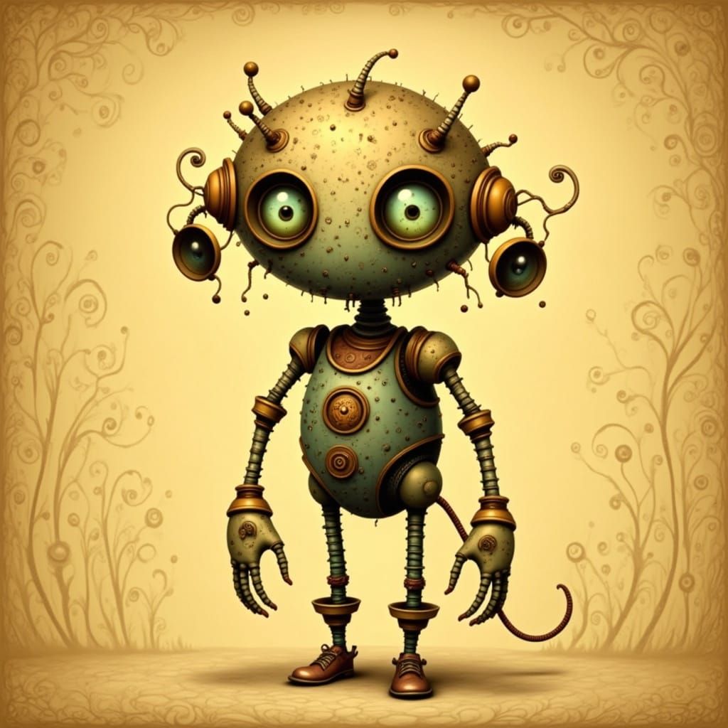 Whimsical Robot in Warm Golden Steam Punk Setting