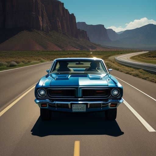 Classic Muscle Car on Highway at Golden Hour