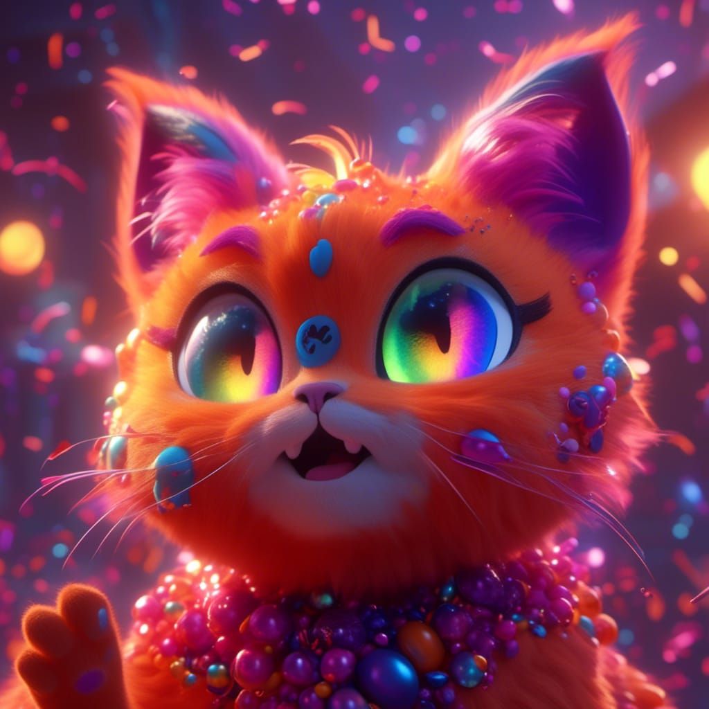 Happy Fuzzy Creature with Rainbow Highlights and Sparkles