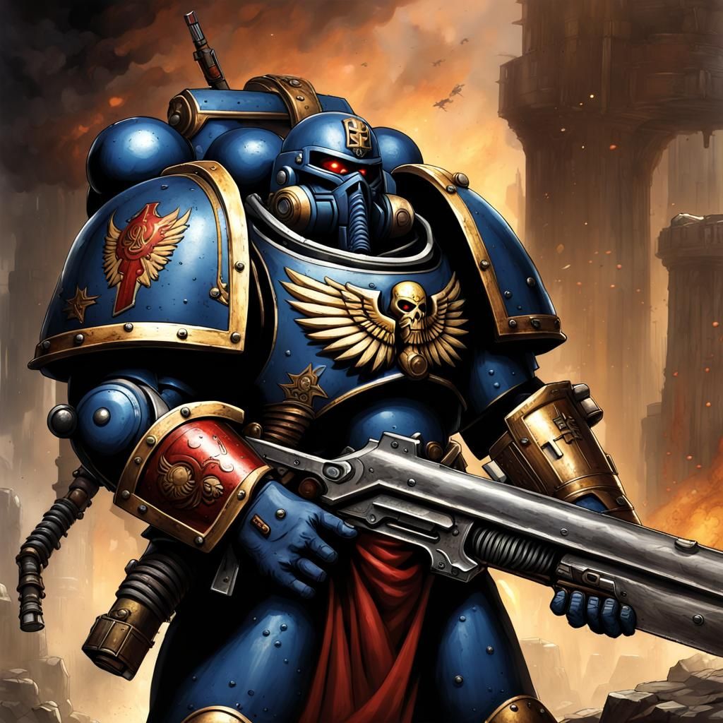 Space Marine with Bolter and Sword in Detailed Matte Paintin...