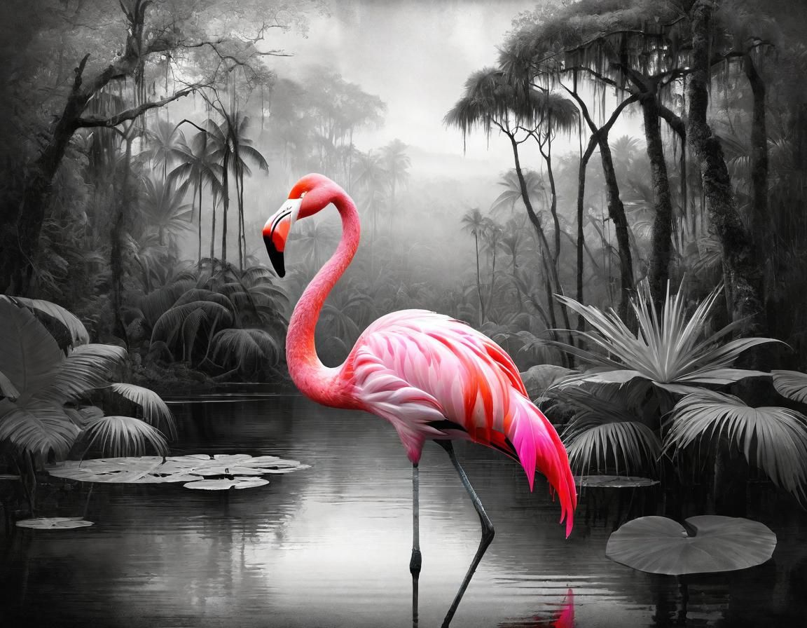 Pink Flamingo in Greyscale Swamp Portrait