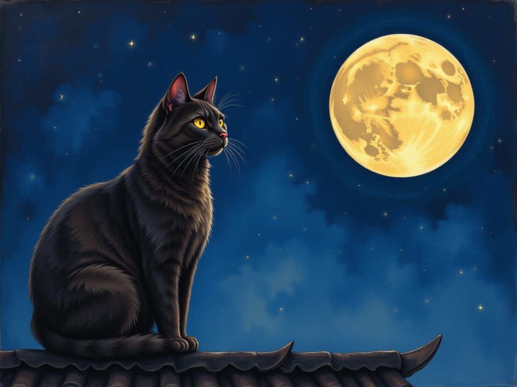 Cat on Roof at Night in Japanese Painting Style