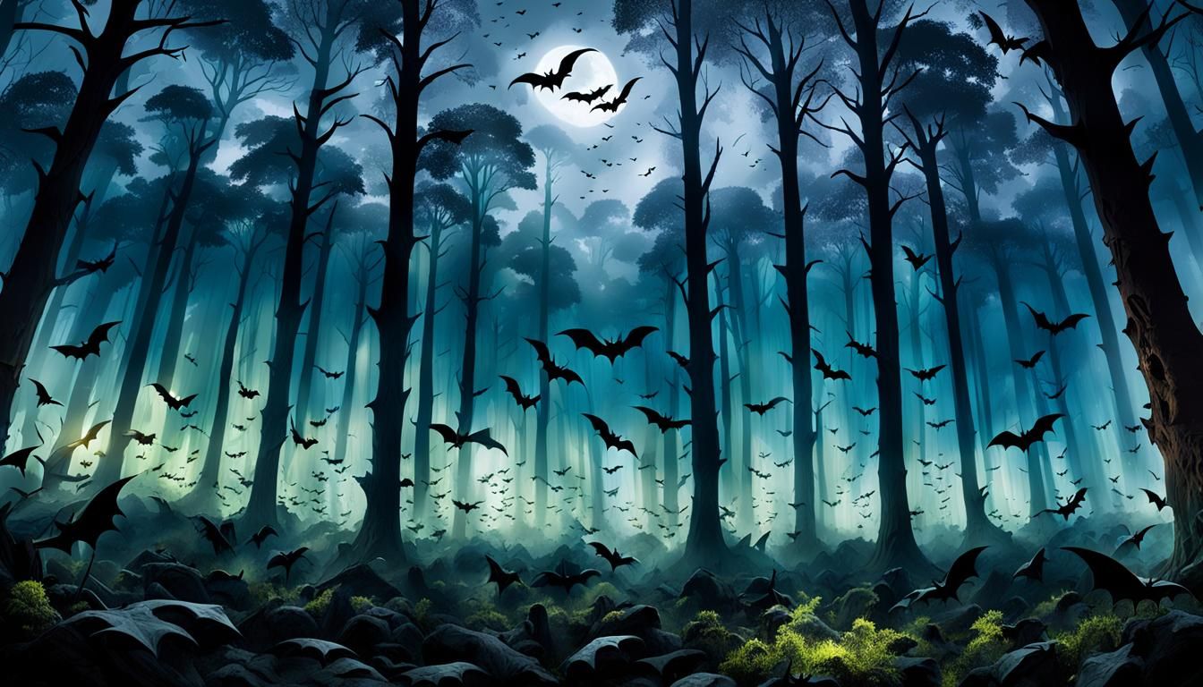 Eerie Bat Swarm Ascends in Misty Dark Forest
