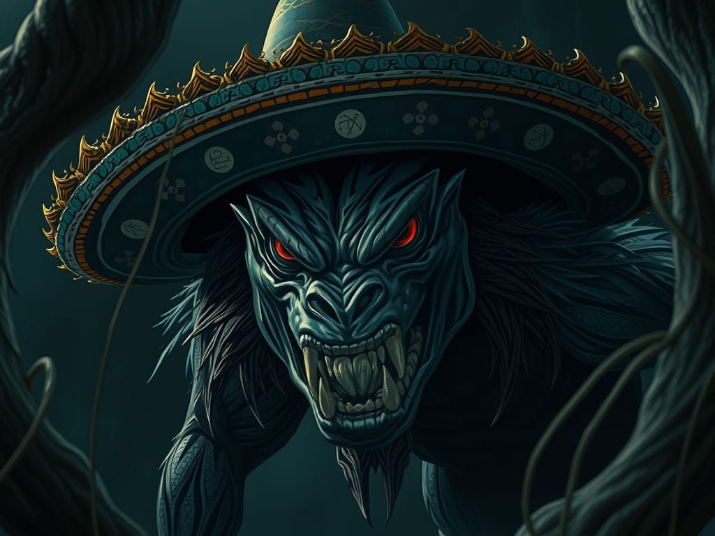 Fearsome Predator in Sombrero, Dark Fantasy Illustration