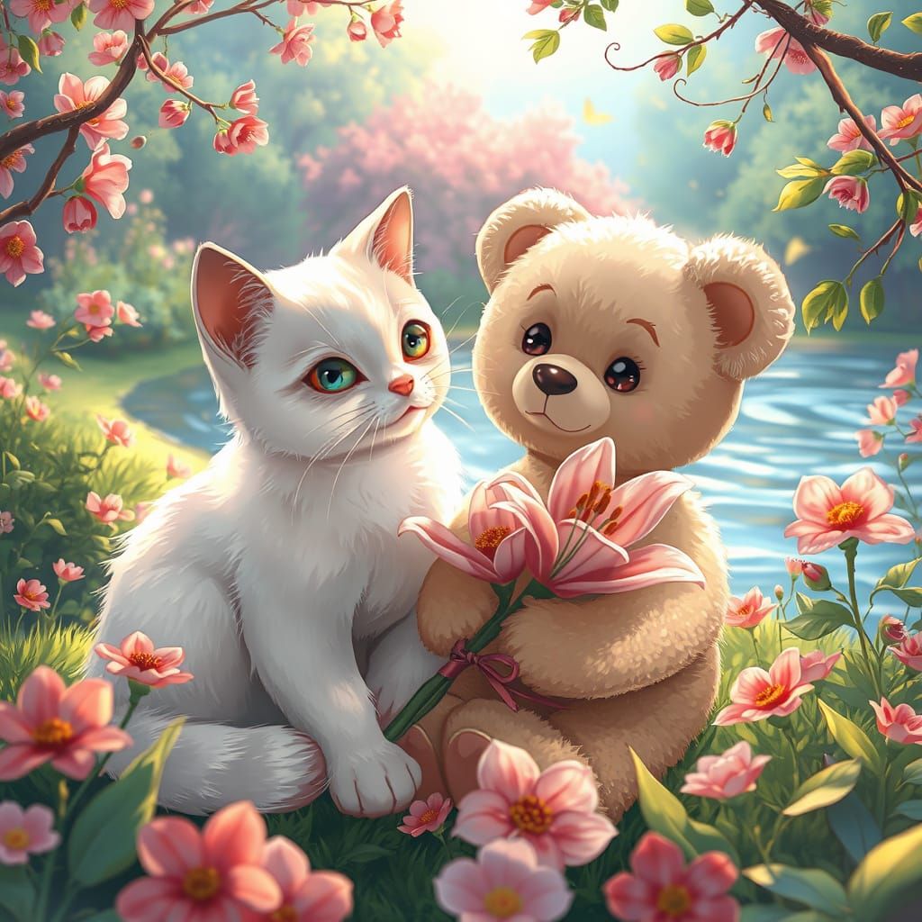 Anime-Style Scene of Cat and Teddy Bear on Riverbank