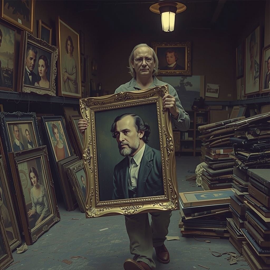 Artist Carries Ornate Portrait Through a Cluttered Art Stora...