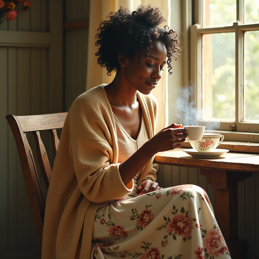 Woman Enjoying Tea in Cottage, Watercolor Style