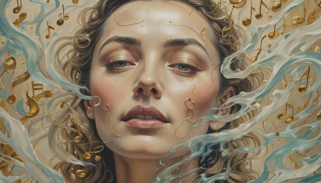 Surreal Woman Surrounded by Sound Waves in Dreamscape