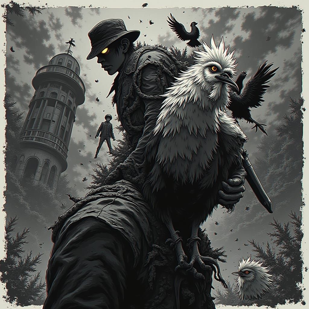 Alfred Hitchcock with Glitching Roosters