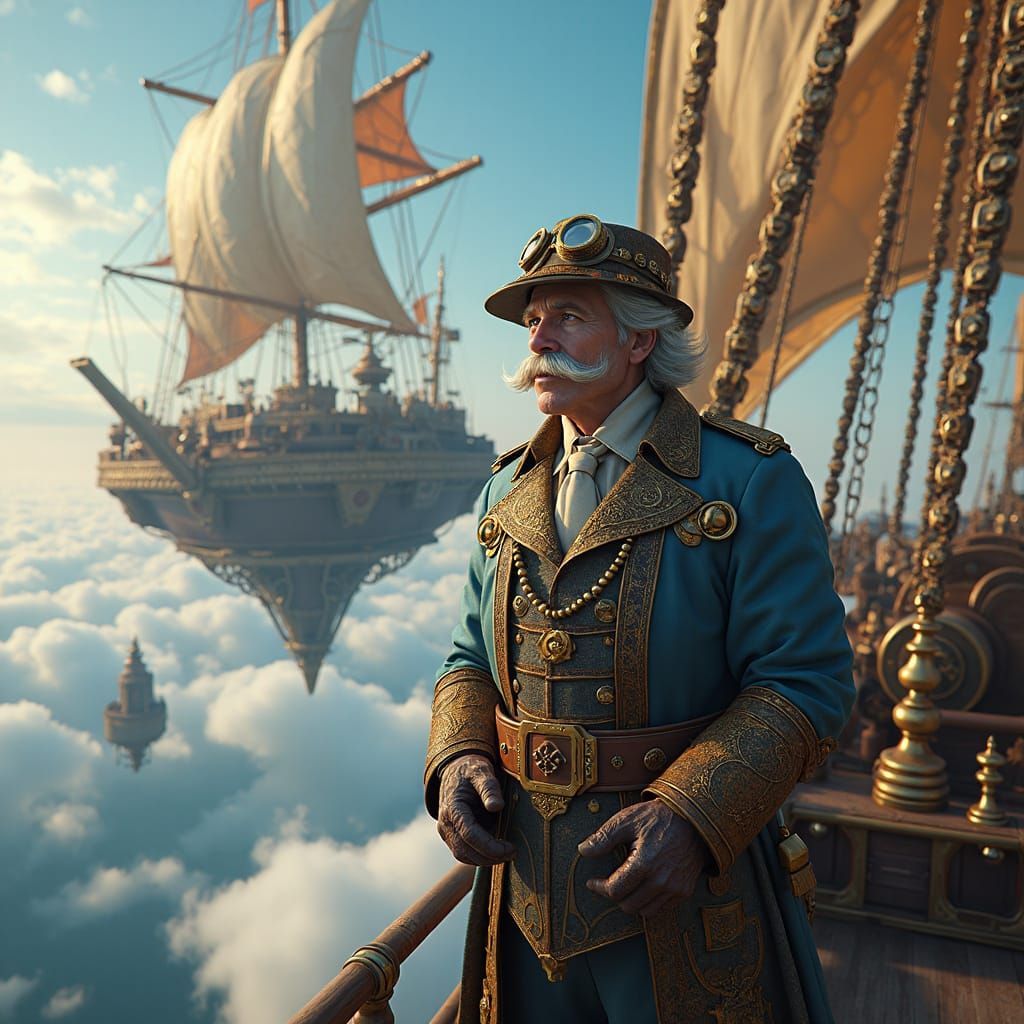 Steampunk Airship Captain Amidst Floating Islands