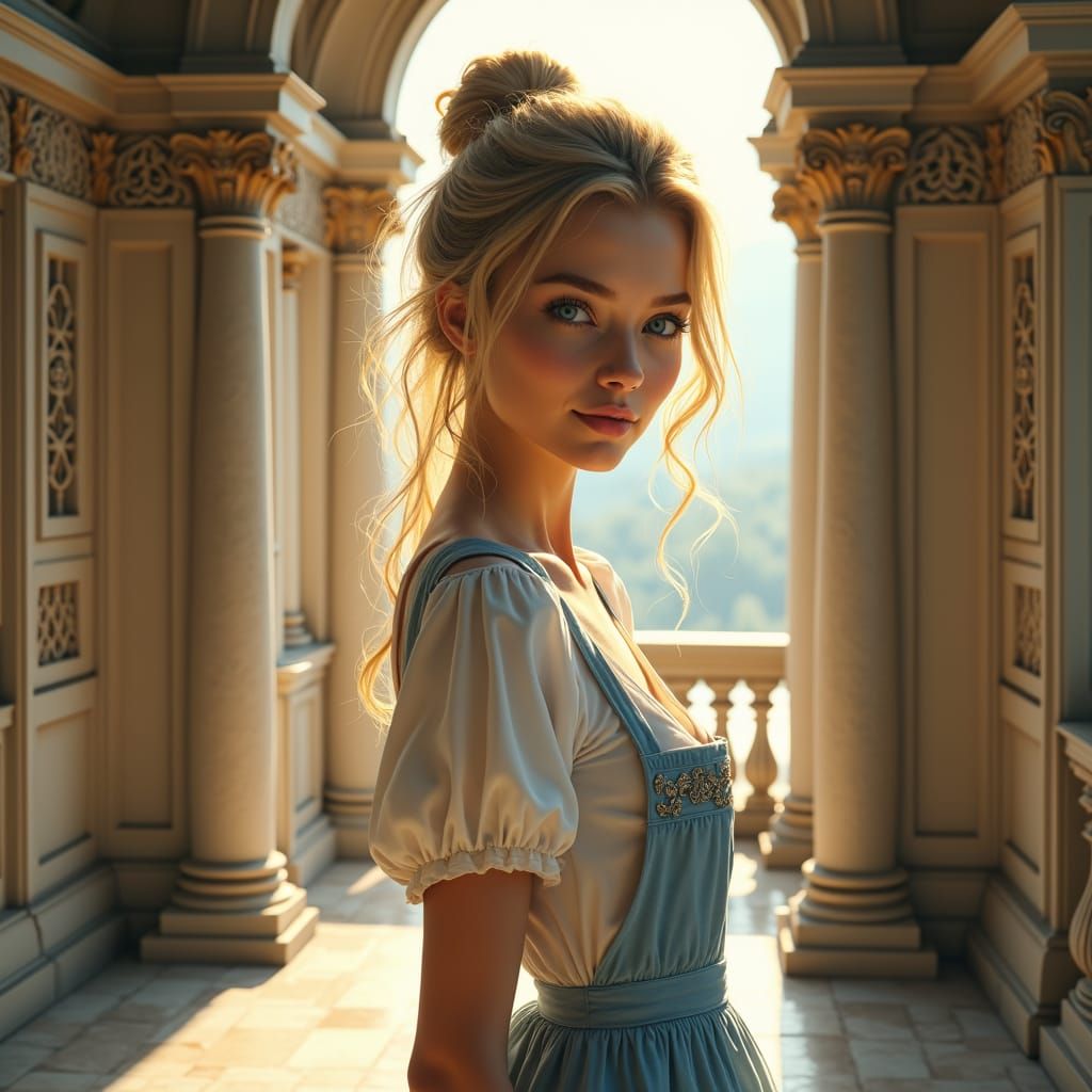 Enchanting Young Woman in Whimsical Palace Setting