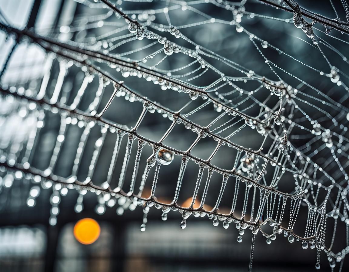 Dew-Kissed Cobweb at Train Station: Macro Photography