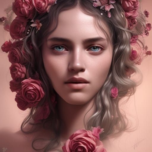Beautiful Woman Portrait with Flowers, Detailed Digital Art
