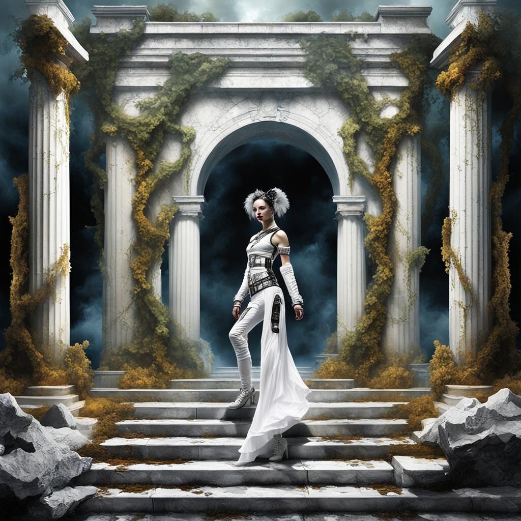 Cybergoth Model Amidst Roman Art Exhibit