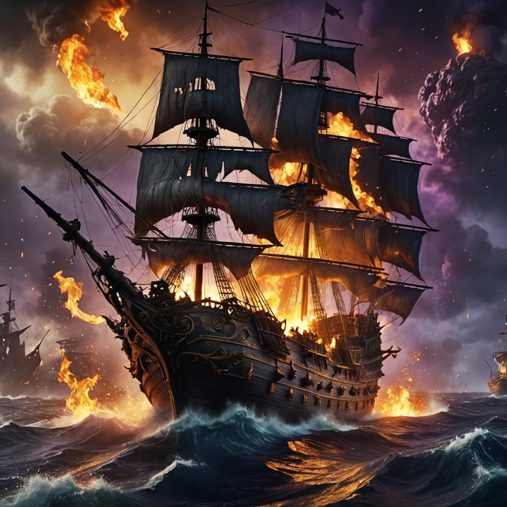 Epic Fantasy Pirate Ship Battle in Dark Ocean