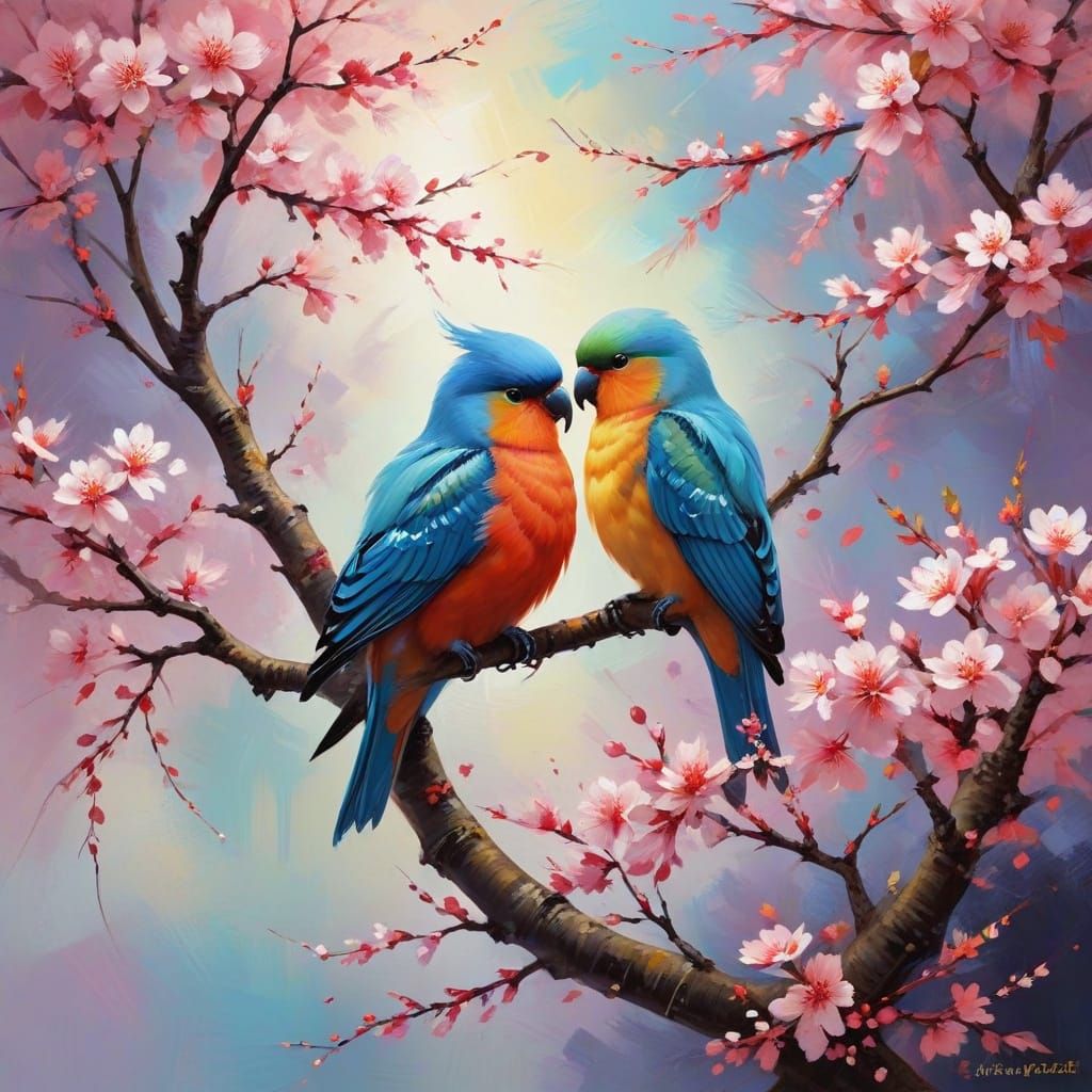 Surreal Blossom Tree Lovebirds in Vibrant Abstract Style