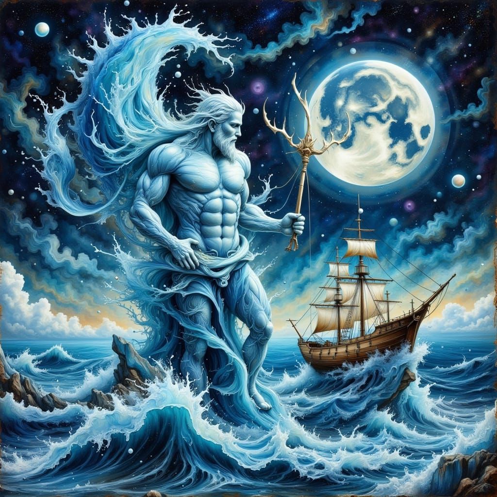 Poseidon Rises From Icy Sea in Mixed Media