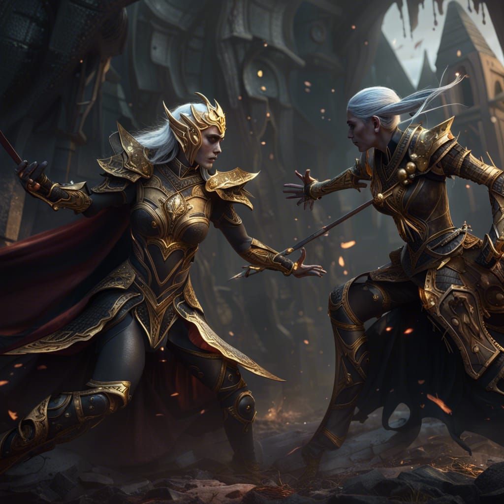 High Elf vs Dark Elf Battle in Fantasy Setting