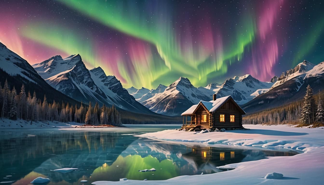 Cinematic Oil Painting of a Snowy Cabin Amidst Majestic Auro...