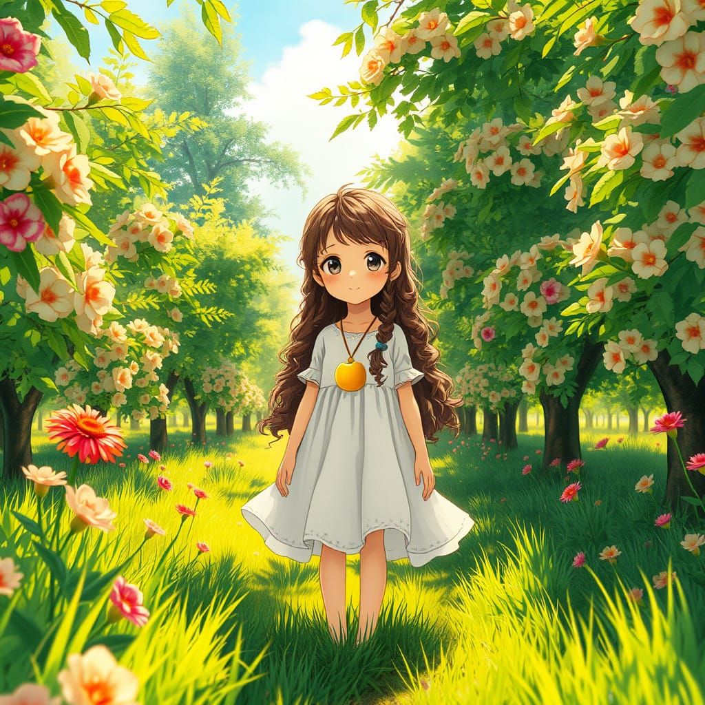 Whimsical Girl in a Lush Orchard