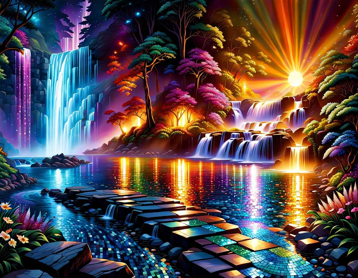 Sparkling Gemstone Mosaic Waterfall Wall Art