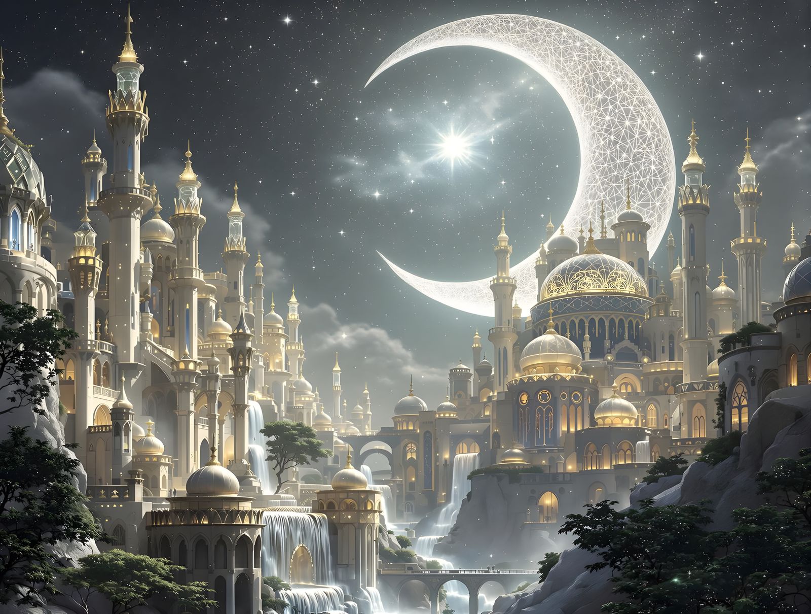 Photorealistic picture of the moon elf city. The moon elf city, is carved from pearlescent stone that gleams softly unde...