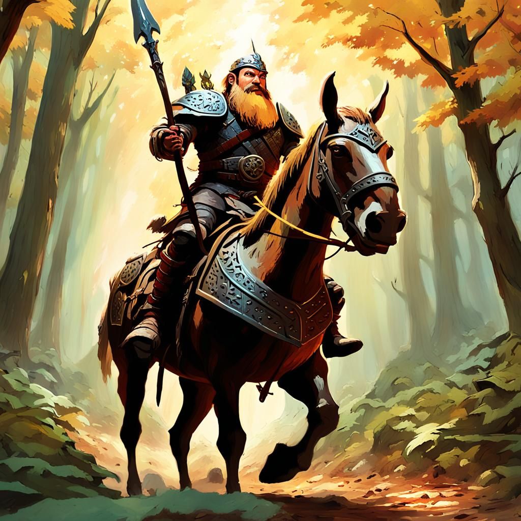 Dwarf Warrior on Mule in Mystical Forest