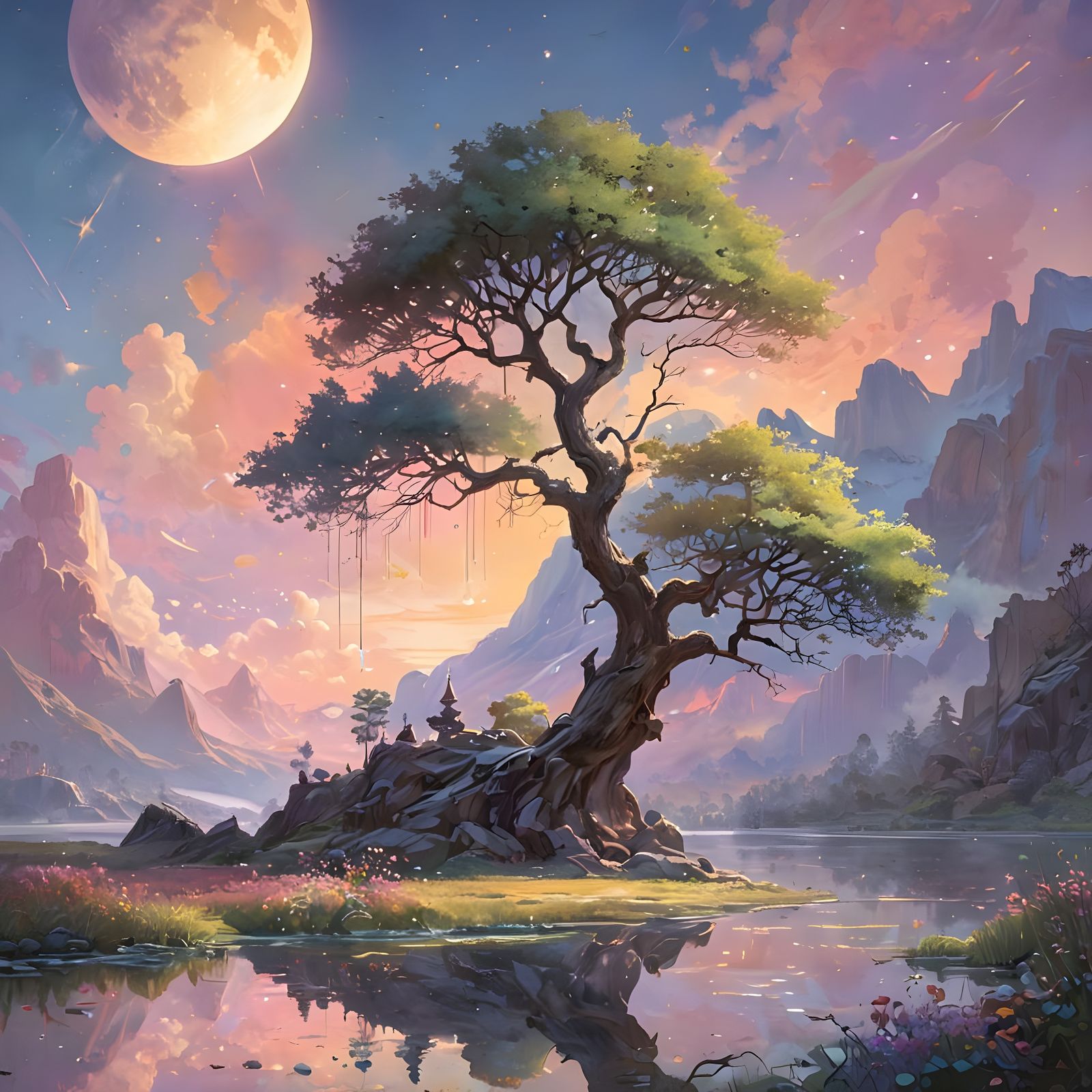 Surreal Fantasy World with Colossal Moon and Pastel Colors