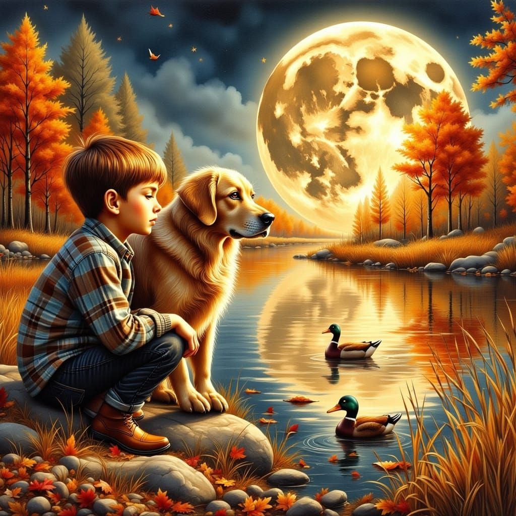 Boy and Dog by Autumn Lake Under Moonlight