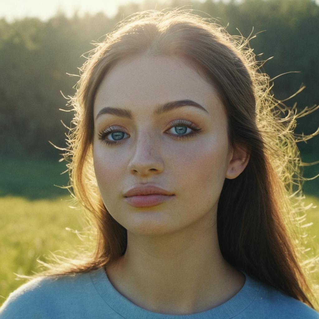 Realistic Portrait of Girl in Sunlit Meadow