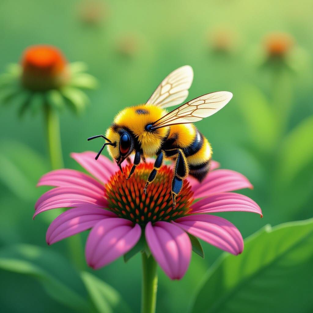 Tired Bee Resting on Flower, Whimsical Illustration